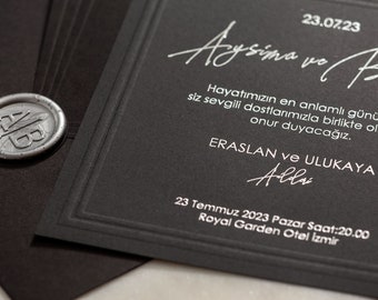 Silver Foil Black Wedding Invitation: Monogram Wax Seal Envelope