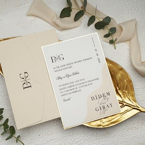 Gold Foil Framed Cream White Modern Wedding Invitation Card and Blush Beige Envelope, Minimal Luxury Invite, Printed