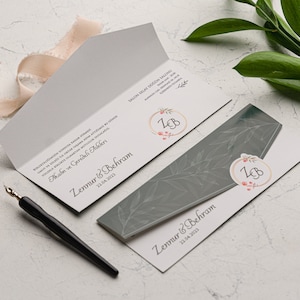 Green Leaves Pattern Botanical Flap Folded Modern Wedding Invitation Card with Red Flowers , Minimal Invite, Printed