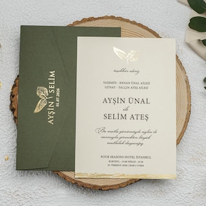 Gold Foil Edge Cream Modern Wedding Invitation Card and Green Khaki Leaves Envelope with Gold Foil Leaves, Minimal Simple Invite, Printed