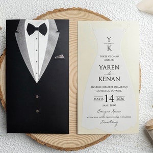 White Wedding Dress Pattern Cream Wedding Invitation Card and Black Tuxedo Sleeve, Bride Groom Theme, Printed