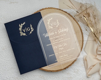 Oval Acrylic Wedding Invitation Card with Gold Border - Gold Foil Monogram Dark Navy Blue Envelope, Curved Arched Leaf Clear Transparent