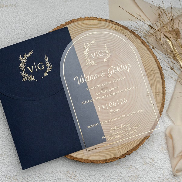 Oval Acrylic Wedding Invitation Card with Gold Border - Gold Foil Monogram Dark Navy Blue Envelope, Curved Arched Leaf Clear Transparent