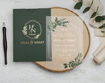 Acrylic Wedding Invitation Card with Geometrical Border - Gold Foil Green Sleeve, Green Leaf Botanical Clear Transparent, Printed