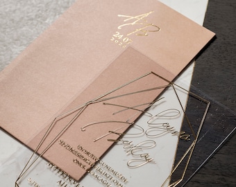 Gold Foil Wedding Simple Invitation Acrylic and Gold Foil Monogram Creamy Ivory Envelope, Clear Transparent Invite Card