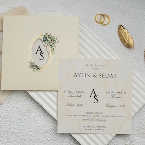 Marble Pattern Cream Modern Wedding Invitation Card and Gold Foil Floral Botanical Cream Sleeve, Minimal Invite, Printed