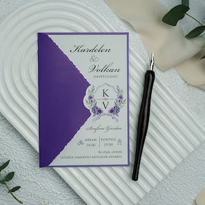 Floral Botanical Purple and White Foldable Modern Wedding Invitation Card with Purple Flowers, Minimal Invite, Printed