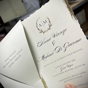 Wavy Gold Foil Edge Gray Modern Wedding Invitation Card and Gold Foiled Monogram Gray Envelope, Minimal Luxury Invite, Printed
