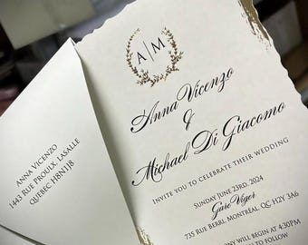 Gold Foil Edge Wedding Invitation: Modern Gray Monogram Envelope