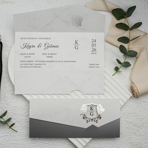 Marble Pattern Gray Flap Folded Floral Silver Foiled Modern White Wedding Invitation Card , Minimal Invite, Printed