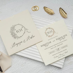 Floral Botanical Cream Ivory Modern Wedding Invitation Card and Cream Ivory Sleeve with Floral Monogram, Minimal Luxury Invite, Printed