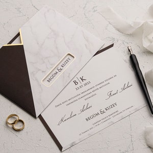 Black and Marble Pattern Bordered White Modern Wedding Invitation Card and Gold Foil Black and Marble Pattern Sleeve, Minimal Luxury Invite