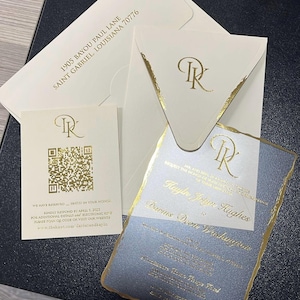 Ivory Gold Foil Acrylic Wedding Invitation – Transparent Invite Card with Gold Foiled Edges and Elegant Ivory Cream Envelope