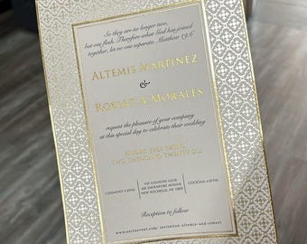 Gold Foil Wedding Invitation: Floral Geometric Frame, Cream Envelope