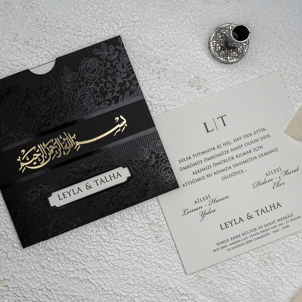 Islamic Gold Foil Ivory Modern Wedding Nikah Invitation Card and Black Gold Foil Arabic Muslim Design Envelope, Minimal Nikah Invite, Nikkah