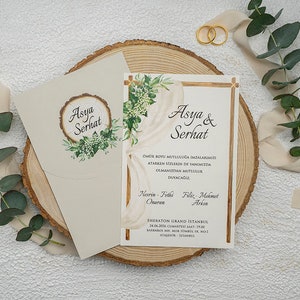 White Wedding Invitation Card with Wedding Arch Decor and Floral Monogram Gray Envelope, Modern Design Invite, Printed