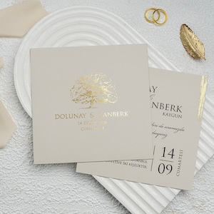 Gold Foil Edge Gray Modern Wedding Invitation Card and Gray Envelope with Gold Foiled Tree, Minimal Luxury Invite, Printed