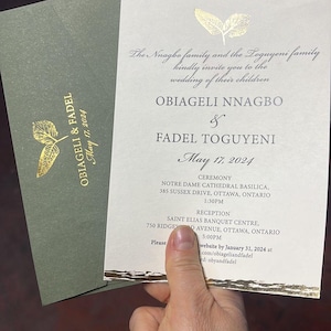 Gold Foil Edge Cream Modern Wedding Invitation Card and Green Khaki Leaves Envelope with Gold Foil Leaves, Minimal Simple Invite, Printed