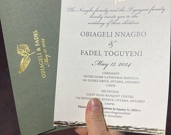 Gold Foil Wedding Invitation: Cream Card, Green Leaves Envelope