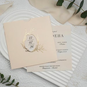 Colorful Modern Wedding Invitation Card and Cream Gold Foil Floral Botanical Sleeve, Minimal Invite, Printed