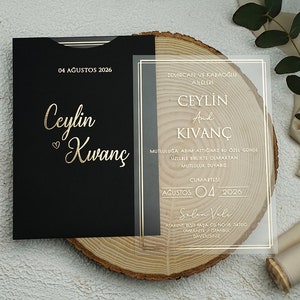 Acrylic Luxury Gold Foil Clear Wedding Invitation Card and Gold Foil Black Sleeve, Clear Transparent Invite Card with Gold Border