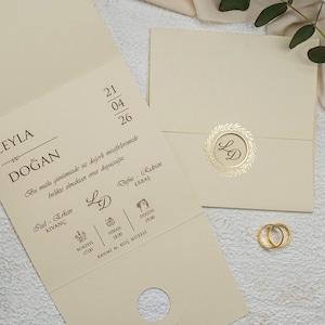 Gold Foil Leaves Cream Beige Flap Folded Modern Wedding Invitation Card, Minimal Luxury Invite, Printed