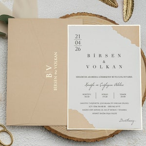 Gold Foil Framed White Modern Wedding Invitation Card with Blush Color Details  and Gold Foil Beige Envelope, Luxury Invite, Printed