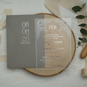 Acrylic Luxury Wedding Silver Border Invitation, Silver Foil Gray Envelope, Clear Transparent Invite Card with Flowers, Printed