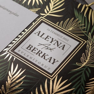 Cream Ivory Wedding Invitation and Gold Foiled Leaf Green Envelope, Modern Luxury Minimal Printed Invite Card, Personalized Party Invitation