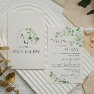 Eucalyptus Pattern Green White Modern Wedding Invitation Card and Eucalyptus Monogram White Sleeve, Minimal Luxury Invite, Printed