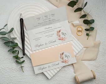 Floral Salmon Flap Folded Modern White Wedding Invitation Card , Minimal Invite, Printed