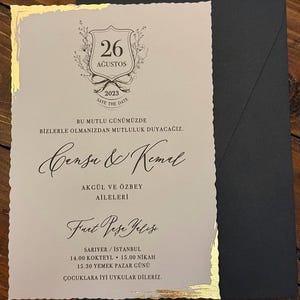 Gold Foil Framed Ivory Modern Wedding Invitation Card and Green Khaki Envelope, Minimal Invite, Printed