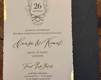 Gold Foil Wedding Invitation: Modern Ivory Card, Green Envelope