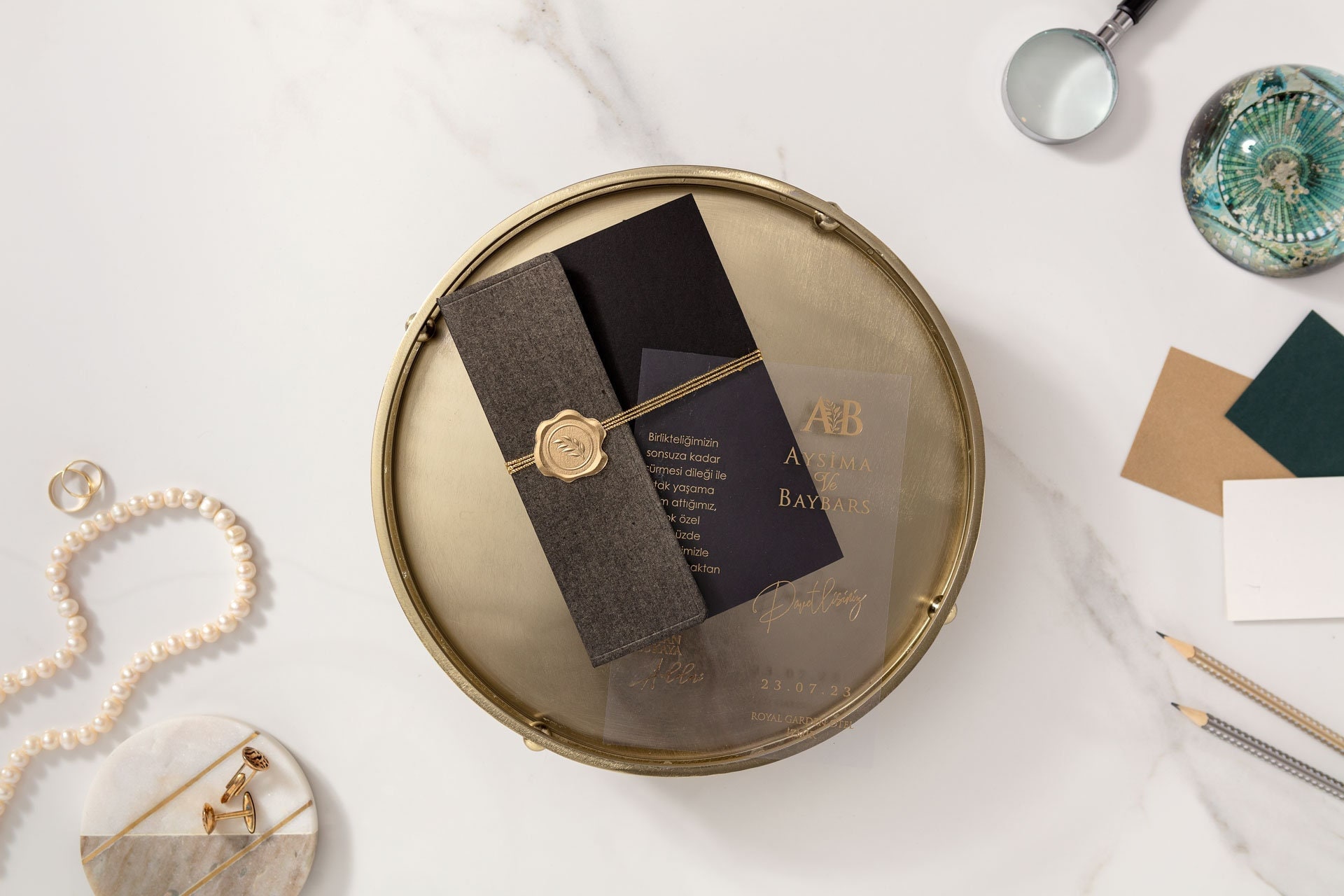 Clear Acrylic Luxury Gold Foil Wedding Invitation and Brown Envelope with Gold Monogram Leaf Seal and Roped, Transparent Invite Card