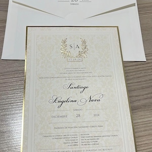 Elegant Cream and Gold Wedding Invitation with Luxury Cardstock, Affordable Classic Design, White and Golden Details with Envelope