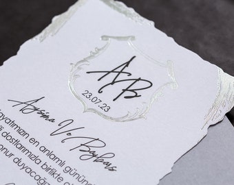 Silver Foil Modern White Wedding Invitation and Mishka Grey Envelope, Minimal Simple Printed Invite Card, Party Invite