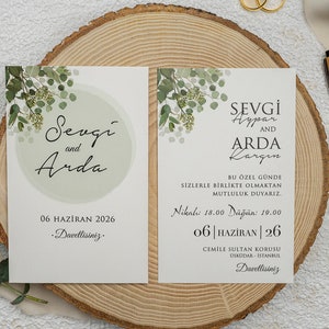 Floral Botanical White Modern Wedding Invitation Card with Green Leaves and Leaves Pattern White Sleeve, Minimal Luxury Invite, Printed