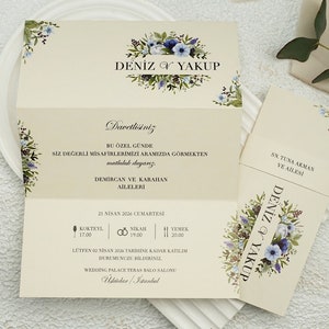 Floral Botanical Foldable Cream Beige Modern Wedding Invitation Card with Blue Flowers and Belly Band , Minimal Invite, Printed