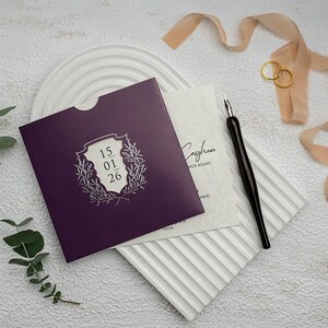 Leaf Pattern Ivory Modern Wedding Invitation Card and Silver Foiled Floral Botanical Purple Sleeve, Minimal Invite, Printed