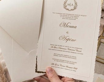 Luxury Gold Cream Ivory Wedding Invitation Suite with Gold Foil Details | Retro Elegant Printed Invite Set with Envelope