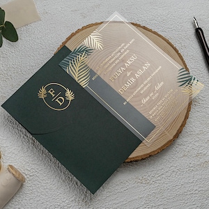 Acrylic Wedding Invitation Card with Gold Foil Border - Gold Foil Monogram Green Envelope, Green and Gold Leaf Botanical Clear Transparent