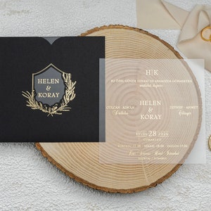 Gold Foil Acrylic Elegant Wedding Invitation and Floral Pattern Gold Foil Black Sleeve, Clear Transparent Invite Card