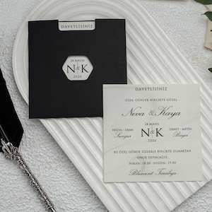 Marble Pattern White Modern Wedding Invitation Card and Black Envelope Cover, Minimal Invite, Printed