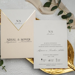 White Modern Wedding Invitation Card and Salmon Gold Foil Edge Sleeve, Minimal Invite, Printed