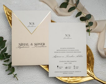 White Modern Wedding Invitation Card and Salmon Gold Foil Edge Sleeve, Minimal Invite, Printed