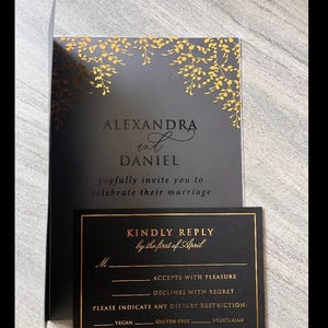 Floral Gold Foil Acrylic Elegant Wedding Invitation and Monogram Gold Foil Black Envelope, Clear Transparent Invite Card