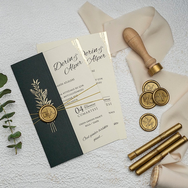 Cream Luxury Gold Foil Edge Wedding Invitation and Gold Leaf Green Cover with Wax Seal and Gold String, Invite Gold Edge Card