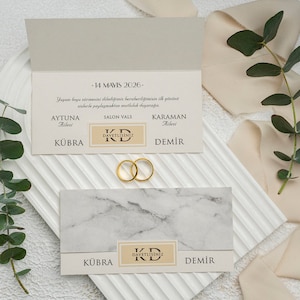Marble Pattern Gray Flap Folded Modern White Wedding Invitation Card , Minimal Invite, Printed