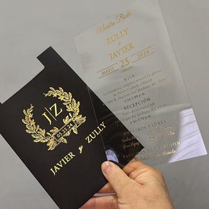 Gold Foil Acrylic Gold Foil Elegant Wedding Invitation and Monogram Gold Foil Black Sleeve, Clear Transparent Invite Card