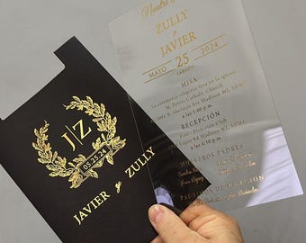Gold Foil Acrylic Wedding Invitation: Monogram Black Sleeve